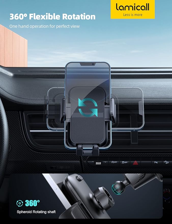 Lamicall 2025 Wider Clamp & Metal Hook Car Phone Holder Vent [Thick Cases Friendly] Phone Holders for Your Car Mount Automobile Hands Free Cradle Air Vent for iPhone 16 15 14 13 Pro Max Smartphone