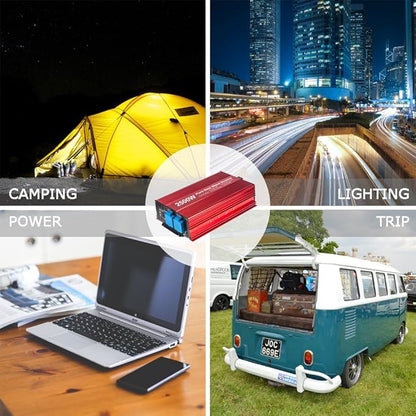 2500W Pure Sine Wave Inverter 12V to 120V AC with 2 AC outlets, DC5V 2 Amp USB Output, LCD Display Wire Remote kit and Heavy Duty Battery Cables.