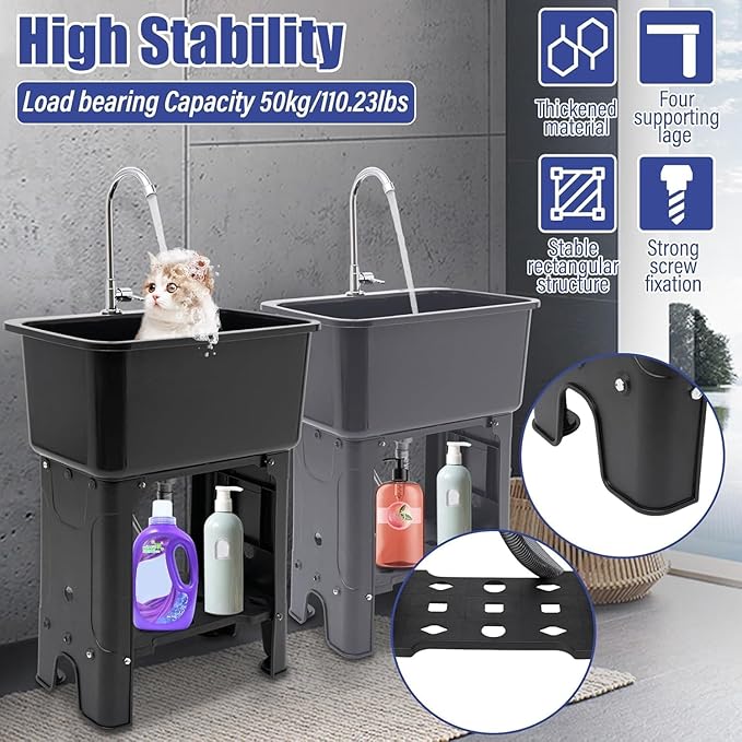 Free Standing Utility Sink with Washboard Laundry Tub Sink for Outdoor,Garage,Basement,Garden wuth Faucet,Drain,Storage Shelf (Black, 23.6 * 15.8 * 30.1in)