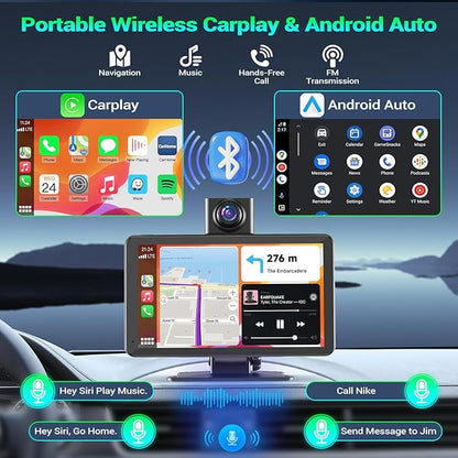 Carplay Screen for Car, 7" Portable Wireless Car Stereo for Apple Carplay & Android Auto,Touchscreen CarPlay Dash Cam,Audio Receivers W/Mirror Link/Rear Camera/Bluetooth/Navigation/AUX/Voice Control