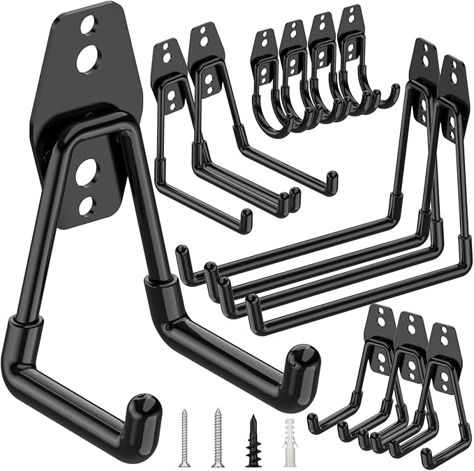 TICONN 12 Pack Heavy Duty Garage Hooks, Steel Utility Wall Storage Hooks, Wall Mount Hanger Organizer for Ladders, Bikes, Tools, Bulky Items (Set, Black)