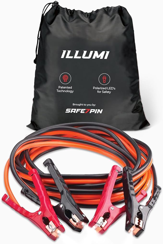 Illumi Heavy Duty Jumper Cables Kit - 12FT, 6GA Jump Cable for Car, Truck - W/LED Indicators for Night Use, Reverse Polarity Protection, Copper Wire - Traditional Front-to-Front Design