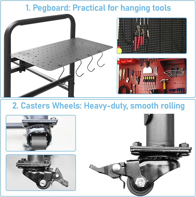 Rolling Tire Rack for Garage, Adjustable Metal Tire Rack with Foldable Heavy-Duty Hole Board, 4 Self-Locking Swivel Casters, 59” Height, 660 Pound Capacity