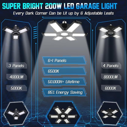 ISKYDRAW Garage Lights Bulb - 6 Pack 200W Garage Lights Ceiling LED 20000LM 6500K Led Shop Light with 6 Deformable Panels, Screw in E26 E27 Socket Basement Lighting for Workshop Barn Attic