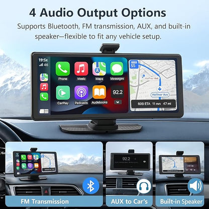 Portable Apple CarPlay & Android Auto – 10.26" Wireless Car Stereo, 4K Dash Cam, 1080P Backup Camera, Voice Control, GPS Navigation, Bluetooth, Mirror Link, Portable Touchscreen Display