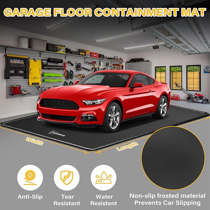 Garage Floor Mat 7'9" x 18' Upgraded Satin Finish Texture Non-Slip Containment Mat Waterproof Garage Floor Mat for Under Car Heavy Duty Protection Mat with Floor Squeegee for All Seasons