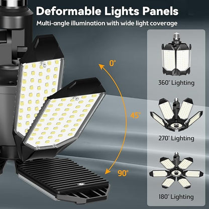 LED Garage Light Super Bright 15000LM LED Shop Ceiling Lights 6500K Garage Lighting, 360°&180° Adjustable Basement Lights with 6 Deformable Panels Screw in E26 E27 Socket for Storage Attic, 4 Pack