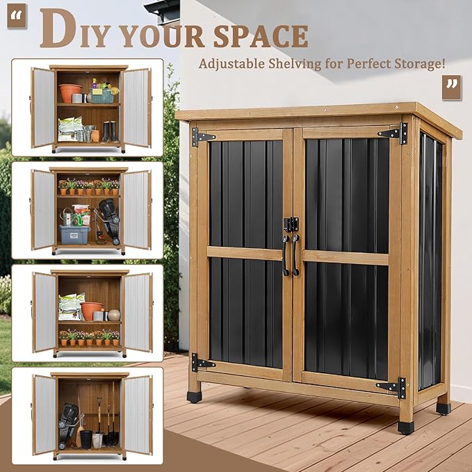 Weatherproof Outdoor Storage Cabinet with Lockable Doors, Wood & Metal Garden Storage Shed Patio Storage Box for Tools & Lawn Equipment, Pool Accessories