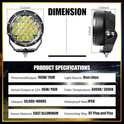 EXZEIT 160W 5 Inch Driving Lights,11200 Lumens Round Fog Lights Offroad Lights for Jeep Wrangler Trucks Toyota Pickup SUV ATV, Diffuser Covers and Yellow Covers Changeable, 12V/24V