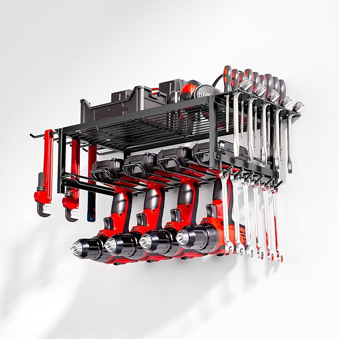 Power Tool Organizer, Garage shelving 2 Layers Garage Tool Organizers 4 Drill Holder Wall Mount, and Heavy Duty Metal Tool Shelf with Screwdriver Holder/Plier Holder/Hammer Holder (Black, 2 Layer)