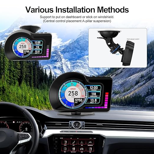 Head Up Display HUD F16 with OBD2 + GPS Dual System Digtial Speedometer, 3.5" IPS Smart Gauge, Speed, Voltage, Engine RPM, OverSpeed Warning, Water Temperature, Turbo Pressure for Cars After 2008