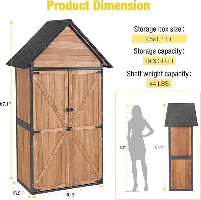 Outdoor Storage Shed,Vertical Wooden Tool Shed with Waterproof Roof,Adjustable 3 Tiers Shelves,Storage Tool Cabinet Box with Metal Frame Sloped Roof for Backyard Garden Patio Lawn (Brown)