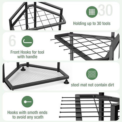 Garden Tool Organizer for Corner,Metal Yard Tool Organizer for Long-Handled Tools/Rakes/Brooms,Side Garden Pocket,Heavy Duty Steel Yard Tool Storage Rack for Garage,Shed, Outdoor
