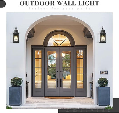 Emliviar Large Outdoor Wall Lantern 18 Inch, Black Front Porch Light with Water Grain Glass Shade, Outside Lights for House and Garage, 1810-BW2-SD