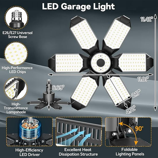 LED Garage Light Super Bright 15000LM LED Shop Lights 6500K Garage Lighting, 360° & 180°Adjustable Basement Lights with 6 Deformable Panels Screw in E26/E27 Socket for Workshop Storage Barn Attic