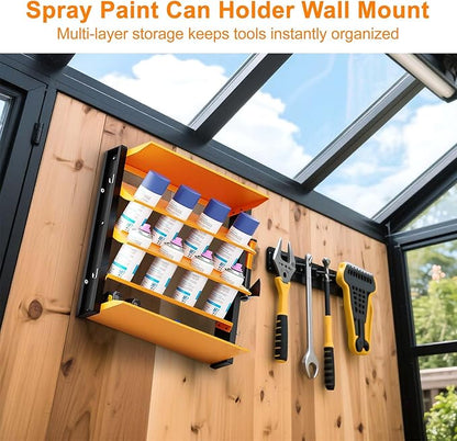Spray Can Holder, Wall Mount Spray Paint Can Holder, Spray Can Rack with 8 Can Holes & 2 Shelf, Heavy Duty Paint Bottle Organizer for Garage, Home, Shop