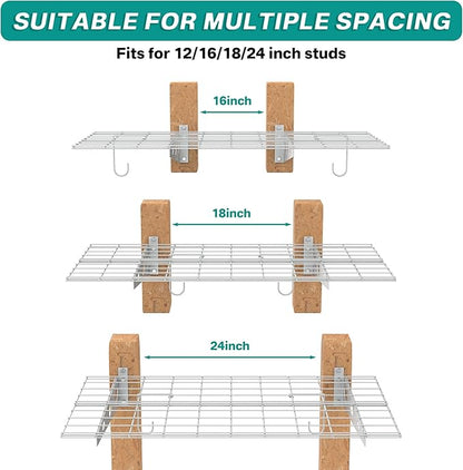 EVERHANGER Wall Mounted Garage Shelves, 2 x 4 ft Metal Storage Shelves, Heavy Duty Wall Shelving with Hooks, Holds Up to 220 Lbs, White