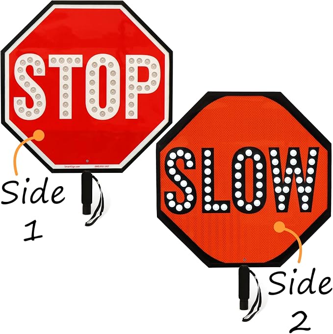 SmartSign 24" LED Stop/Slow Paddle, Rechargeable Battery & Charger, 2-Sided Reflective Hand Held Aluminum Sign with Strap, Steady/Flashing Light Modes, Foam-Padded Grip, 1-Pack
