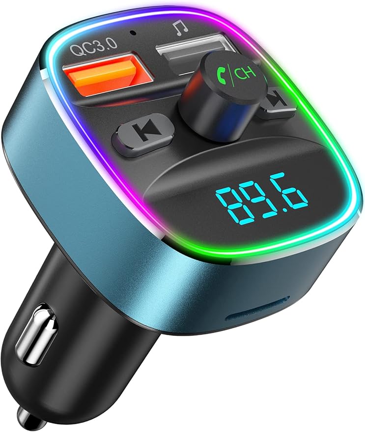 Nulaxy Bluetooth FM Transmitter, Bluetooth Car Adapter with Dual USB Charging Car Charger, MP3 Player Support, TF Card & USB Disk, Hands-Free Calling, 7 Colors LED Backlit Light-Blue