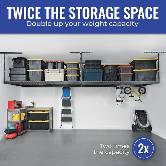 SafeRacks Heavy Duty Overhead Garage Storage Rack, 2-Pack 4x8 Hammertone, 12"-21", 600 lb Capacity, Adjustable Ceiling Mount