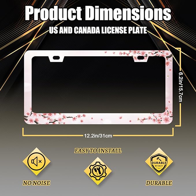 Cherry Blossom License Plate Frame Floral Pink Flowers License Plate Holder Stainless Steel Colorful Design Compatible with Standard License Plate for USA Canada 12.3" x 6.3" with 2 Screws