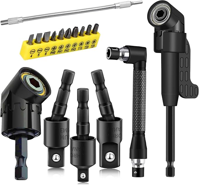 17Pcs Tools Flexible Drill Bit Extension,Include 3Pcs Rotatable Socket Adapter 2Pcs Hex Shank 105° Right Angle Drill Attachment 10 Short Screwdriver Bits 90° Angled Bits & Bendable Drill Bit Extension