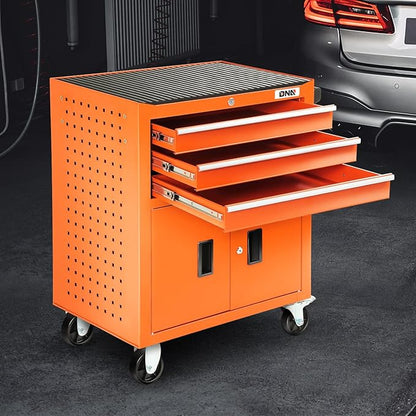 DNA MOTORING 3-Drawer Rolling Tools Chest, Rolling Tool Storage Cabinet, Heavy Duty Mechanic Tool Cart, Trolley Organizer for Garage, Warehouse, Workshop, Orange, TOOLS-00405