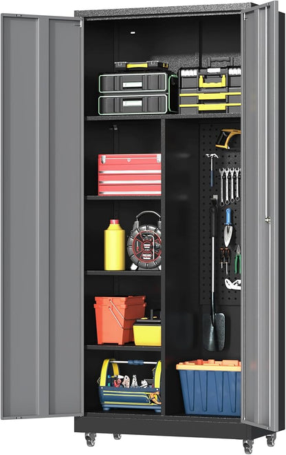 Metal Garage Storage Cabinet with 2 Doors, Adjustable Rolling Tool Storage Cabinet with Lock, 71" Steel Locking Tool Cabinet with Wheels and Shelves for Garage, Warehouse(Black&Gray, 71" H)