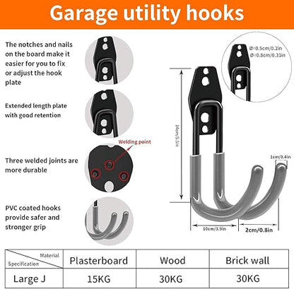 3-H Garage Wall Hooks 10 Pack, Heavy Duty Garage Hooks with Extra Welding Spots, Wall Mount Storage Organizer for Hanging Garden Lawn Tools, Chair, Shovel, Blower, Toolkit (Grey)
