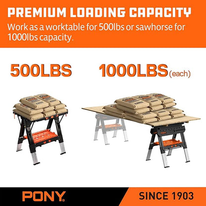 Pony Portable Folding Work Table, 2-in-1 as Sawhorse & Workbench, 31” W×25” D×25”-35”H, Large Load Capacity with 4pcs Clamps, 4pcs Bench Dogs