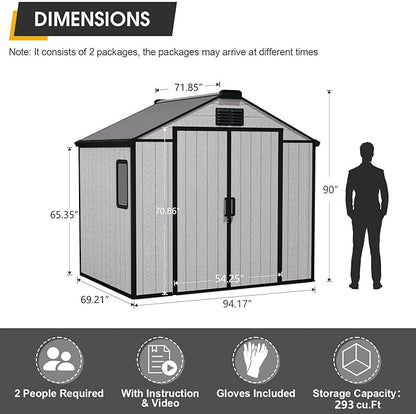 8 x 6 FT Resin Outdoor Storage Shed, All-Weather Plastic Garden Shed with Floor, Lockable Doors & Windows, Plastic Tool Shed for Poolside, Backyard, Patio