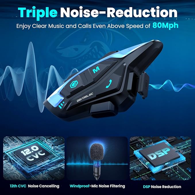 gearelec Motorcycle Helmet Bluetooth Headset [Deep Bass & Super-Noise-Reduction] Shark Pro Motorcycle Bluetooth Headset with Upgrade Hi-Fi Speakers, 2000M 8 Riders Intercom