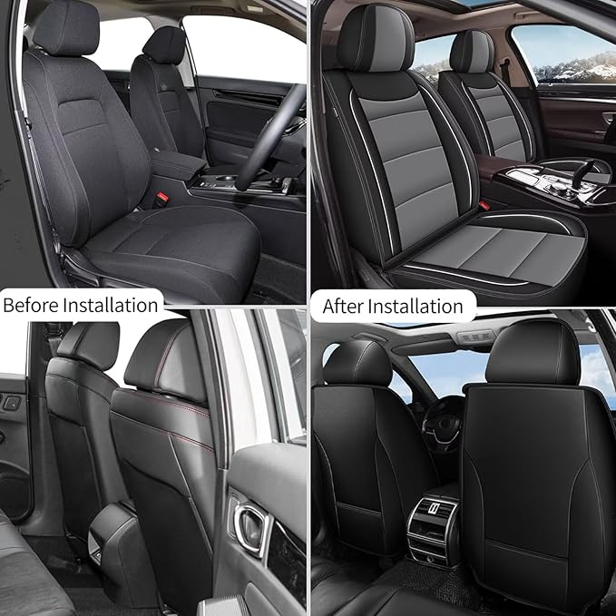 YORKNEIC 2 Front Seat Covers Fit for Hyundai Kona 2018-2024 2025: Leather Car Seat Covers - Waterproof Car Seat Protector Compatible Airbag (Black & Grey)