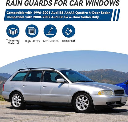 4pcs Front+Rear Smoke Tint Sun/Rain Guard Outside Mount Tape-On Vent Window Visors Compatible with 96-01 B5 A4/A4 Quattro 00-02 S4 4-Door Sedan