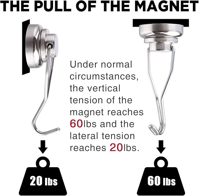 MIKEDE Magnetic Hooks Heavy Duty, 60 lb+ Strong Swivel Swing Neodymium Magnetic Hooks for Hanging, Strong Magnet Hanger for Cruise Cabins, Locker, Toolbox, Home, Kitchen - Pack of 10