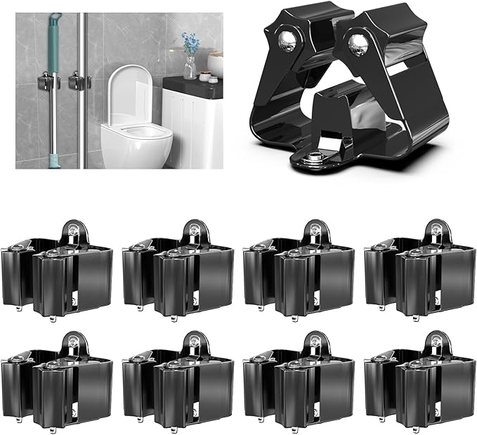 3-H Broom Holder Wall Mount 8 Pack, Mop and Broom Holder for Garage Garden Shed Storage System Laundry Room Home Kitchen Organization (Black)