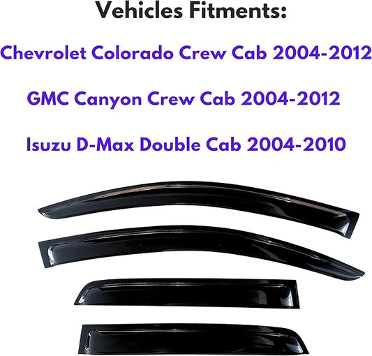 KPY Window Visor Compatible with 2004-2012 Chevrolet Colorado Crew Cab & GMC Canyon Crew Cab & 2004-2010 Isuzu D-Max, Rain Guard Window Vent Deflectors Tape-On Style, 2005 2006 2007 2008 2009 2011