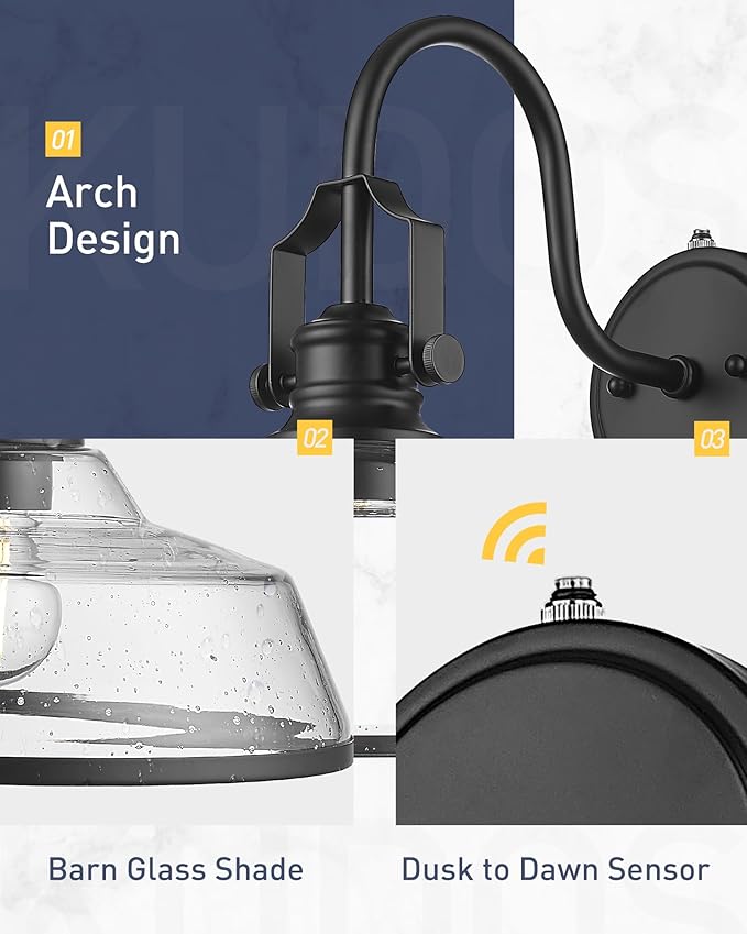 kudos Dusk to Dawn Outdoor Wall Sconce, Exterior Garage Light Fixtures, Farmhouse Waterproof Outdoor Gooseneck Barn Light Motion Sensor, Seeded Glass 1 Pack, KDOWL05-BK-S-LC