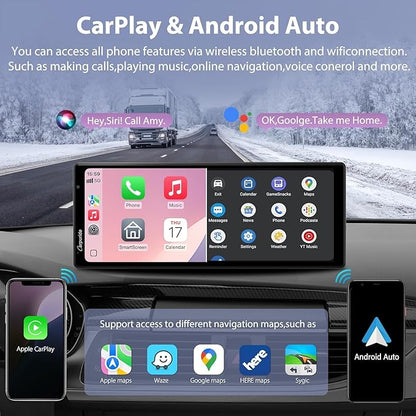 2025 Carpuride Wireless Carplay & Android Auto with Dash Cam - 10.26 Inch HD IPS Touch Car Play Screen for Car, 4K Front & 1080P Rear Camera, Loop Recording, Bluetooth Audio, Mirror Link, GPS, Siri