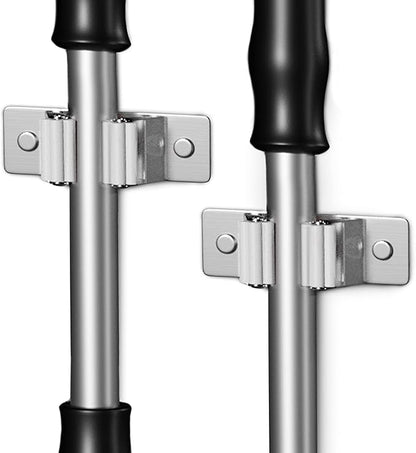 Self Adhesive Broom and Mop Holder Wall Mounted – SUS304 Stainless Steel 2-Slot Organizer with Anti-Slip Rubber Grips, 25lb Load, Adjustable for 0.6–1.4" Handles, Garage Kitchen Bathroom Use, 2 Pack