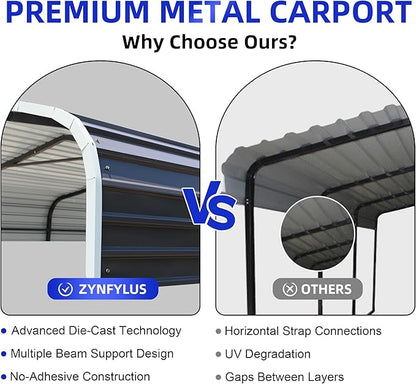 10x15 Metal Carport with Base Fixings Heavy Duty Garage Outdoor Chrome Plated Frame and Sheet Metal Construction Suitable for Boats, Cars, Tractors and Agricultural Equipment, Dark Gray