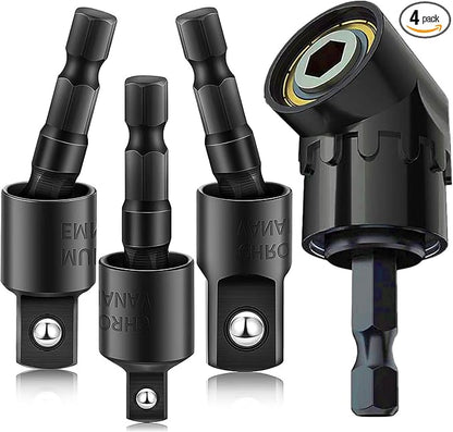 105 Degree Right Angle Drill Adapter Set, 1/4-1/2 Inch Socket Adapters, 4-in-1 Impact Grade Extension Kit with 360° Rotation for Household Workplace Industry