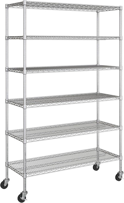 Seville Classics UltraDurable Heavy Duty NSF Solid Steel Wire Rack Storage Unit Wheels, 6-Tier Shelving, 48" W x 18" D