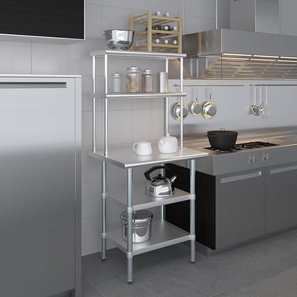 Amgood Stainless Steel Work Table with 2 Shelves | Metal Kitchen Prep Table & Shelving Combo (24" x 30" Table with 2 Shelves + 12" Overshelf)