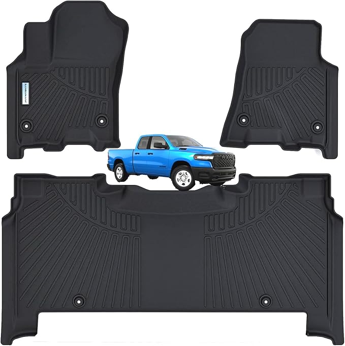 SANBAN Floor Liners for 2025 Dodge Ram 1500 Crew Cab（Rear with Under-Seat Factory Storage）,TPE All Weather Protection 2 Rows Car Floor Mats.