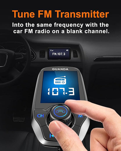 Upgraded Bluetooth FM Transmitter for Car, Wireless Radio Adapter Kit W 1.8" Color Display Hands-Free Call AUX in/Out SD/TF Card USB Fast Charging 18W for All Smartphones Audio Players - Pewter