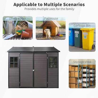 8x6 FT Outdoor Storage Shed with Floor,Waterproof Resin Plastic Bike Shed with Vents & Windows, Lockable Door, Garden Tool Shed Easy to Assembly for Lawn, Backyard, Patio, Brown