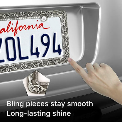 Valor Gel Metal Car License Plate Frames,Antique Old Pattern Printing, Bling Crystal Rhinestones Inlaid,Universal 2 Holes Automotive Replacement Parts Plate Holder(1 Pack)