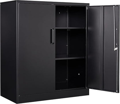 Yizosh Metal Garage Storage Cabinet with 2 Doors and 2 Adjustable Shelves - 35.5" Steel Lockable File Counter Cabinet for Home Office,Garage,Gym,School（Black）