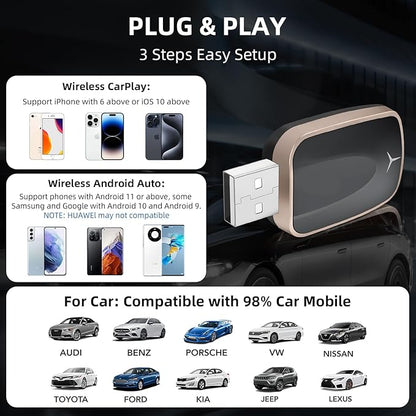 Mini Wireless CarPlay Adapter for iPhone, 2 in 1 CarPlay and Android Auto Wireless Adapter for Cars, Plug & Play, Fast Connection for Android 11+ and CarPlay iOS 10+